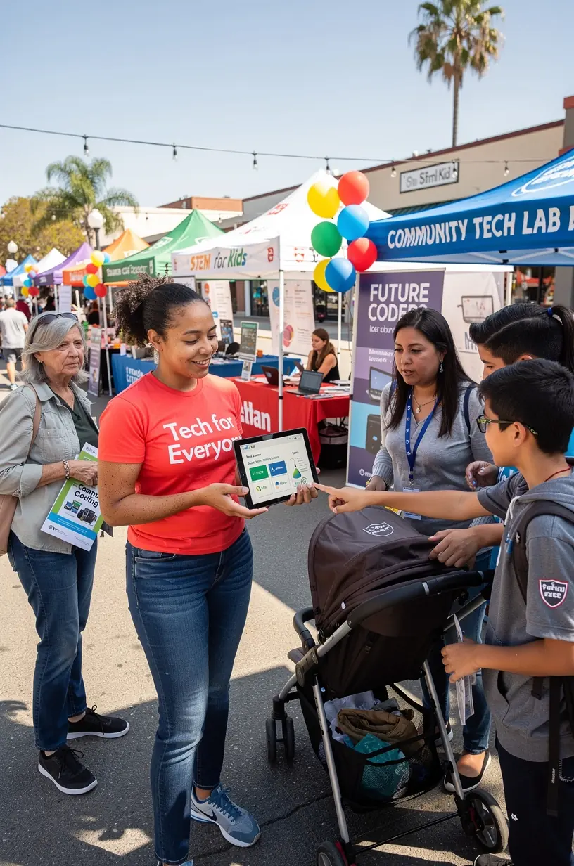 Image of a calm workspace with a computer displaying an accessible tech blog homepage designed for beginners.